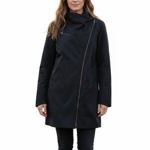 Eileen Fisher Mock Neck Black Jacket Coat Sz M Moto Asymmetric Zip Fleece Lined